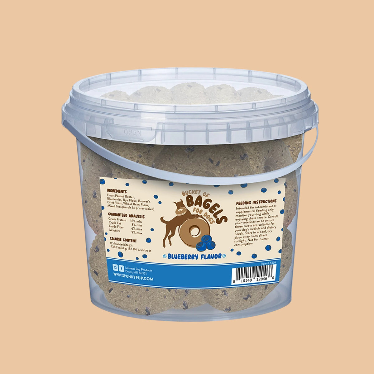Pets Paradise Love Bucket of Bagels blueberry dog treats in a 3 lb clear resealable plastic bucket with handle