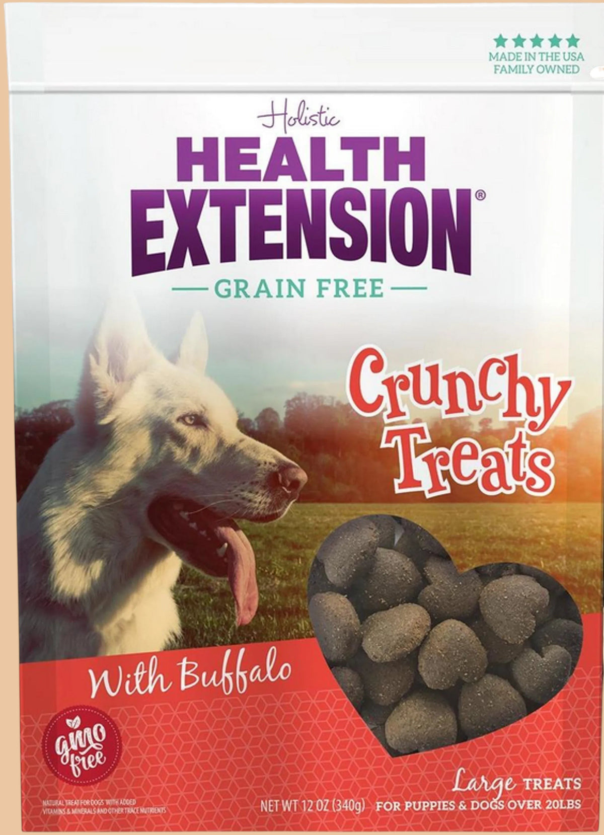 Pets Paradise Love Buffalo Heart crunchy dog treats in a bag with a white dog and heart-shaped snacks.