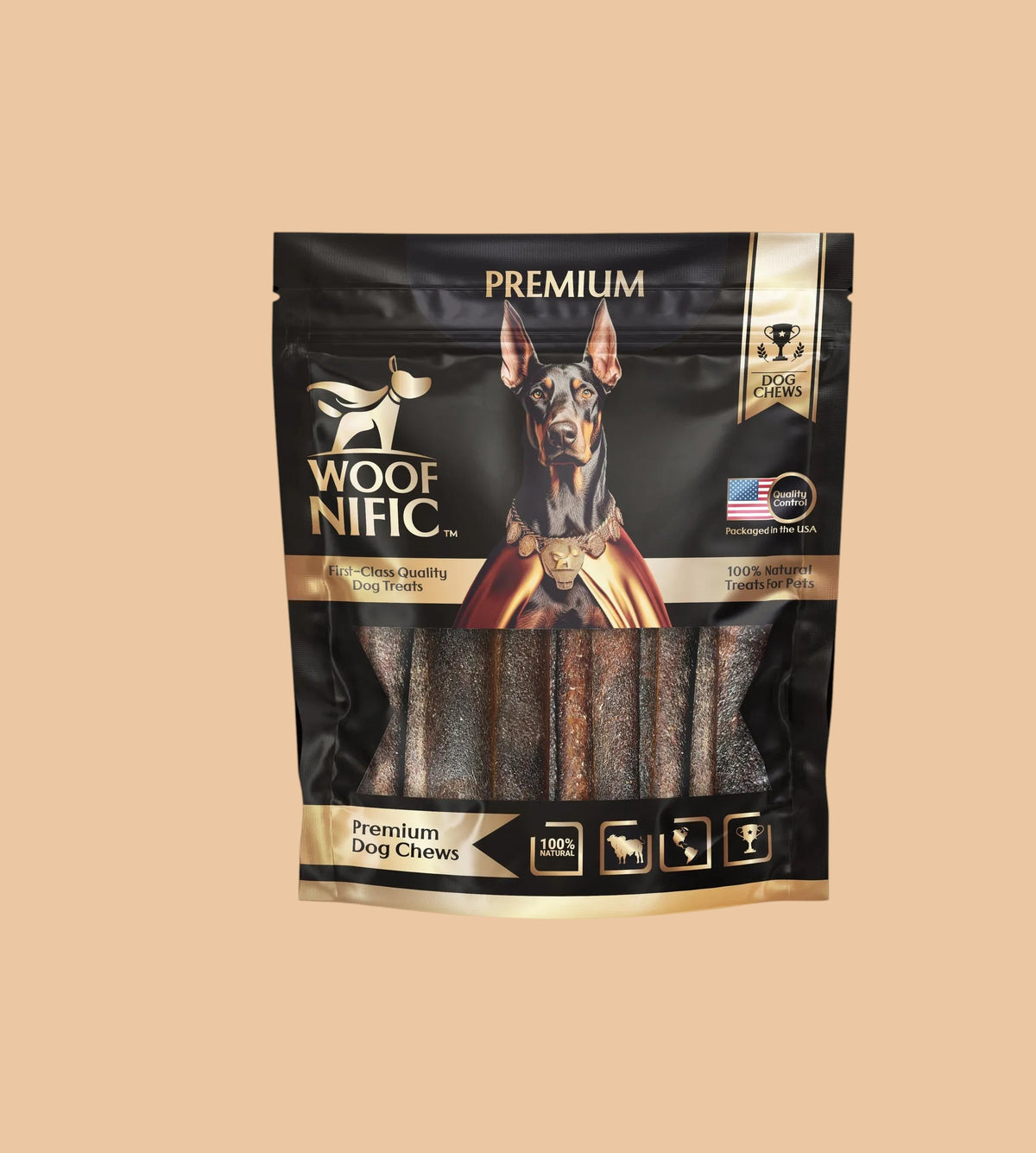 Pets Paradise Love Woof Nific straight collagen bully sticks in a black resealable bag for dogs