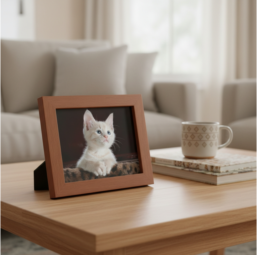 Wooden photo frame with a picture of a white cat on a wooden table in a living room.