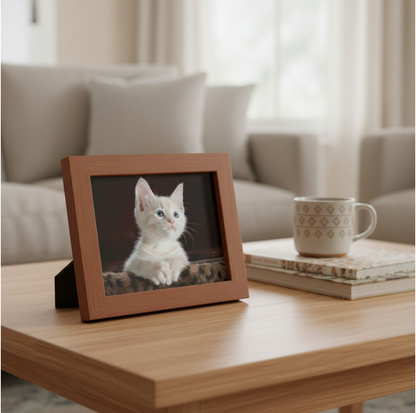 Wooden photo frame with a picture of a white cat on a wooden table in a living room.