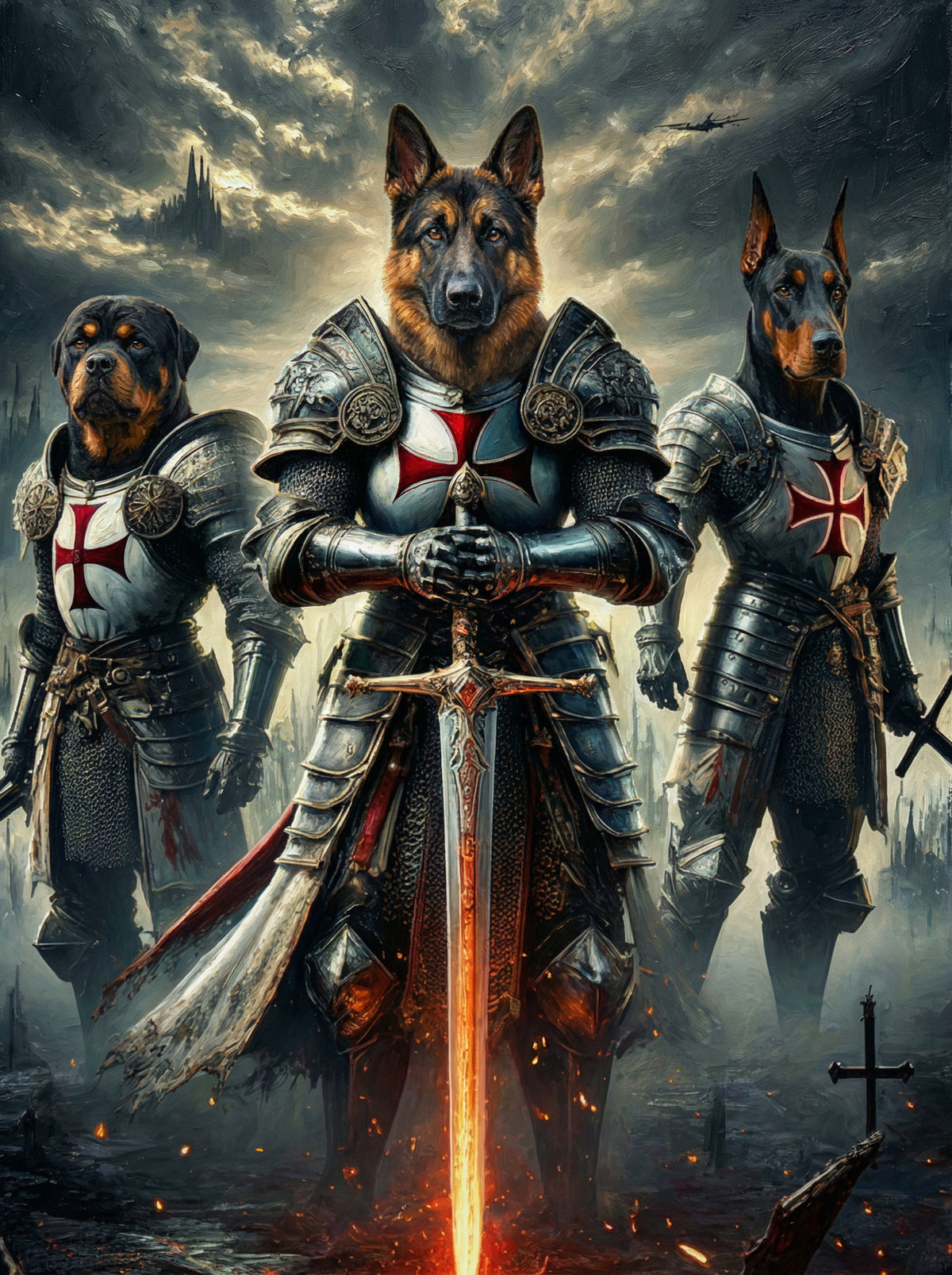 Knights of Old - Your pet as a gallant knight. Choose from epic scenes and shining armor - we'll craft their medieval masterpiece