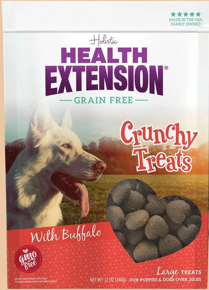 Pets Paradise Love Buffalo Heart Treats for dogs, crunchy grain-free snacks with chicken and buffalo in a 12oz bag.