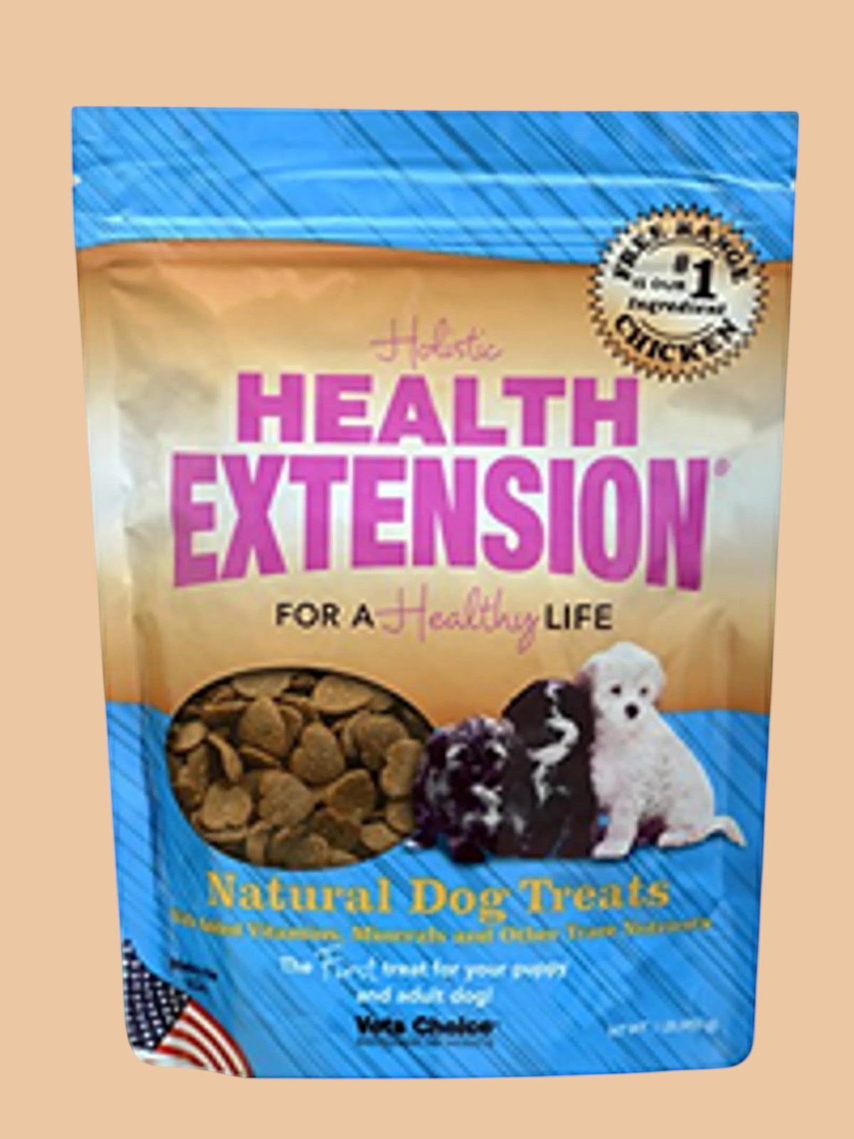 Pets Paradise Love Chicken Heart crunchy dog treats in a resealable bag with organic chicken and turmeric ingredients.