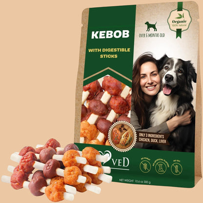 Pets Paradise Love organic duck and chicken kabob dog treats with digestible sticks in a resealable pouch
