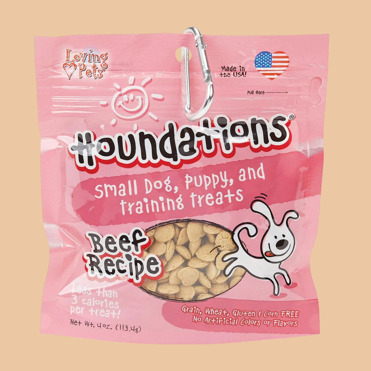 Pets Paradise Love Houndations beef training treats in a pink 4oz bag for small dogs and puppies